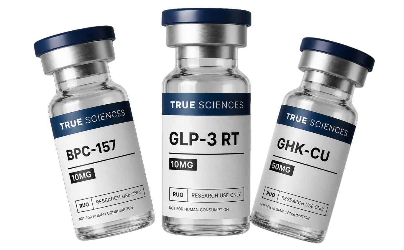 True Sciences research vials — BPC-157, GLP-3 RT, and GHK-Cu. For laboratory research only.